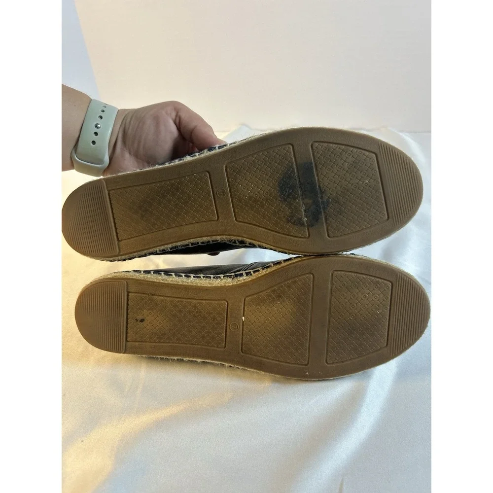 Tory Burch Women Navy Black Leather Cap Toe Espadrille Flats Sz 7 Elegant Preppy